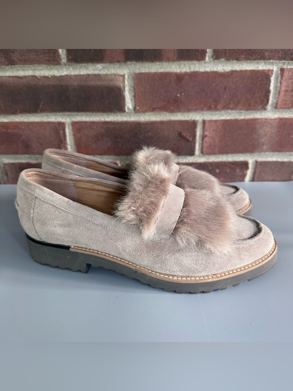 Franco Sarto Women’s US 9 M Suede Faux Fur Loafers Taupe Brown Lug Sole Shoes. I